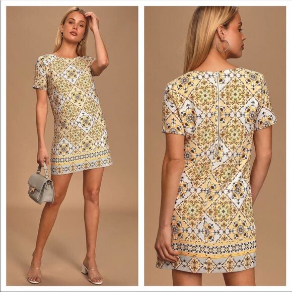 LULU’S | Dandelion Print Short Sleeve Mini Dress Yellow & White Women’s Size M - Picture 12 of 13